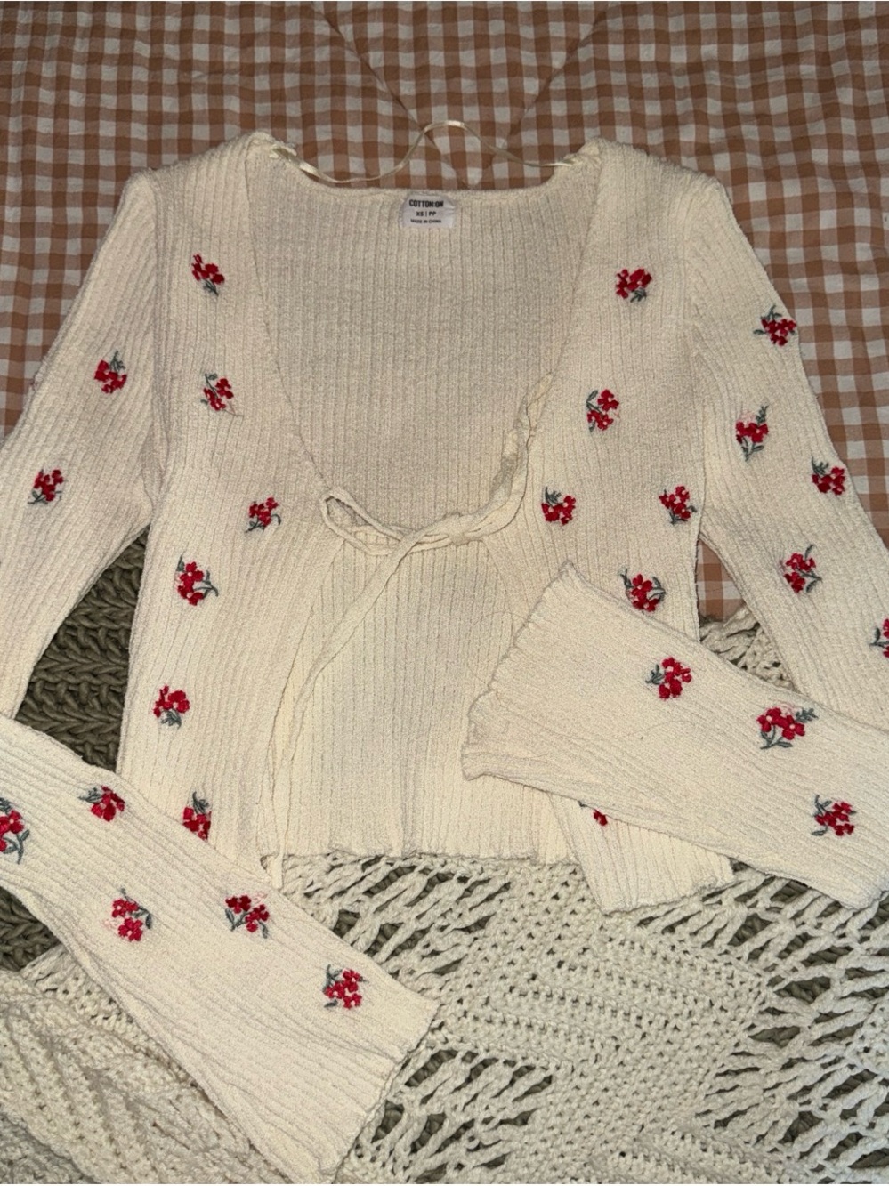Cotton On Cream Tie-Front Sweater with Red Floral Embroidery